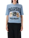 Ganni Light Blue Crewneck T-shirt With Maxi Logo Embroidery On The Front