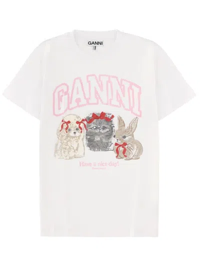 Ganni Graphic Print Crew Neck Short Sleeve Top In White