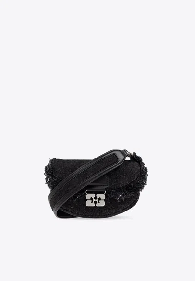 Ganni Apo-g Denim Fringed Crossbody Bag In Black