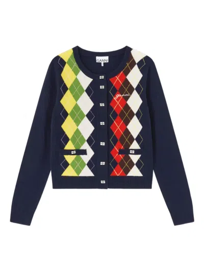 Ganni Argyle Button Cardigan In Blue
