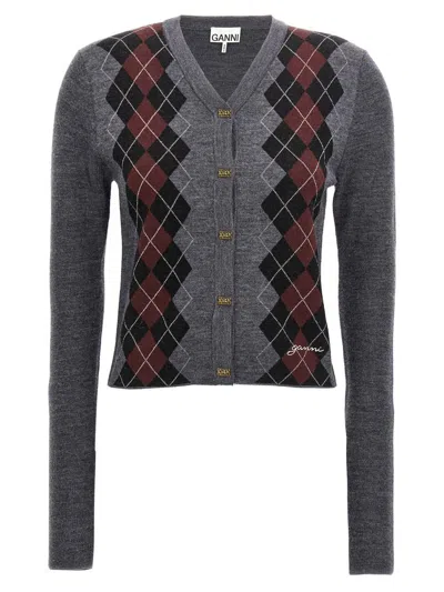 Ganni Argyle Cardigan In Gray