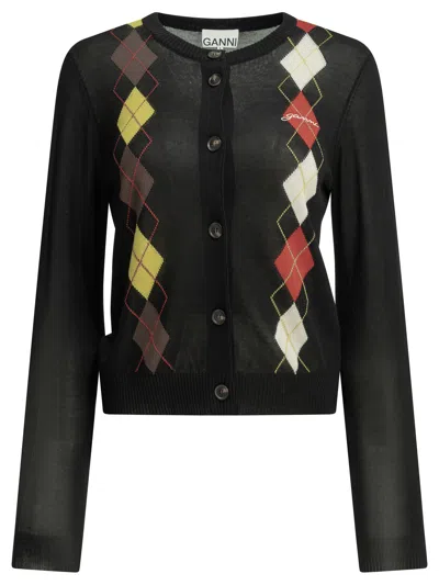 Ganni "argyle" Cardigan In Black