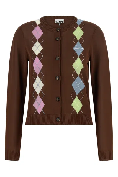 Ganni Cotton Cardigan Argyle Pattern Ribbed Cuffs Hem In Brown