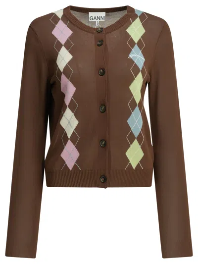 Ganni "argyle" Cardigan In Brown