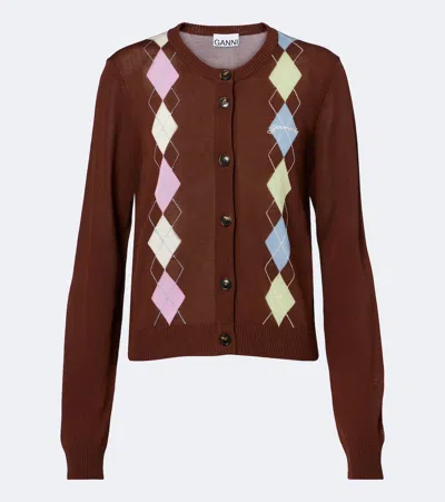 Ganni Cotton Cardigan Argyle Pattern Ribbed Cuffs Hem In Brown