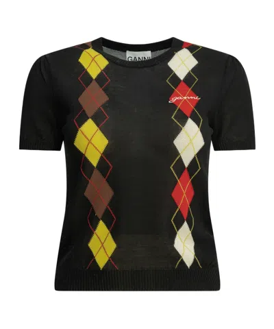 Ganni 'argyle' Crewneck Sweater In Black
