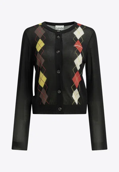 Ganni Argyle Diamond Knit Cardigan In Black
