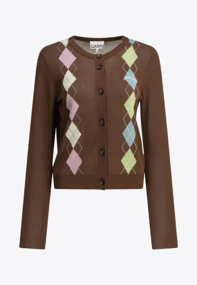 Ganni Argyle Diamond Knit Cardigan In Brown