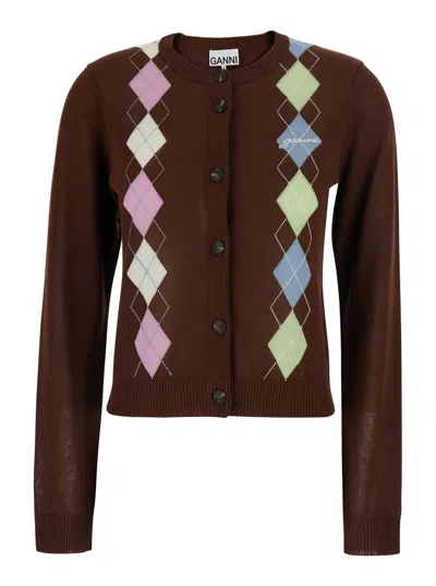Ganni Argyle Intarsia Cotton Cardigan In Brown
