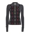 Ganni Grey Sweater With Classic Collar And Check Motif On The Front In Wool Woman In Gray