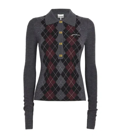 Ganni Women Grey Sweater With Classic Collar And Check Motif On The Front In Wool Woman In Gray