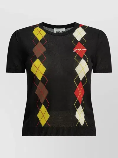 Ganni Argyle Knit Crewneck Short Sleeve Sweater In Black