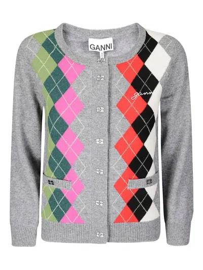 Ganni Argyle-pattern Logo-embroidered Cardigan In Multi