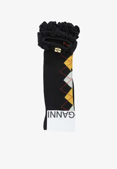 Ganni Argyle Ruffled Socks In Black