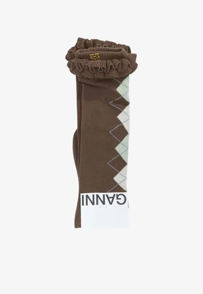 Ganni Argyle Ruffled Socks In Brown