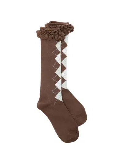 Ganni Argyle Ruffled Socks In Brown