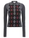 Ganni Grey Sweater With Classic Collar And Check Motif On The Front In Wool Woman In Gray
