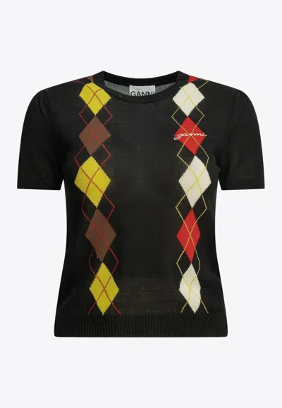 Ganni Argyle Textured Knit Top In Black