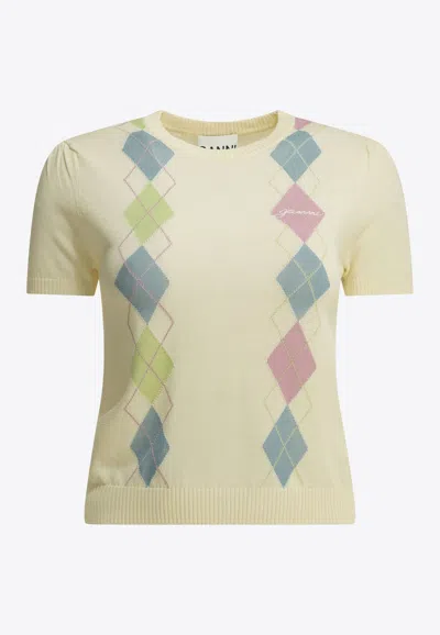 Ganni Argyle Textured Knit Top In White