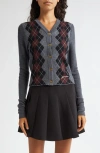Ganni Grey Cropped Cardigan Wih V Neck And Checkmotif On The Front In Gray