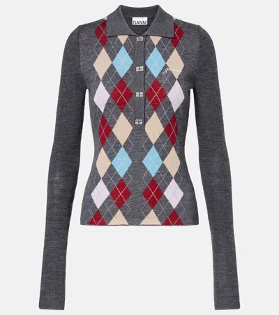 Ganni Argyle Wool Polo Sweater In Gray