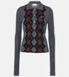 Ganni Grey Sweater With Classic Collar And Check Motif On The Front In Wool Woman In Gray