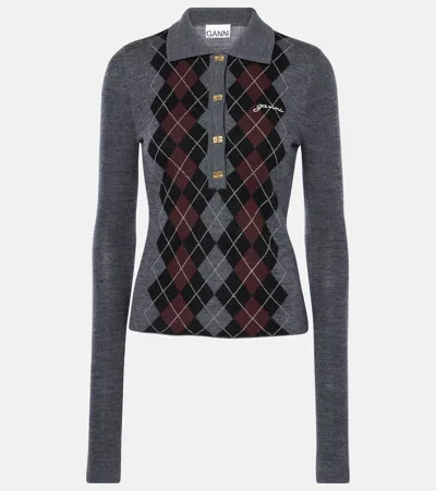 GANNI ARGYLE WOOL POLO SWEATER