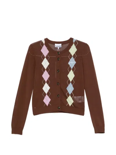 Ganni Argyle-pattern Button-up Cardigan In Brown