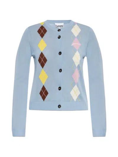 Ganni Argyle-pattern Cotton Cardigan In Blue