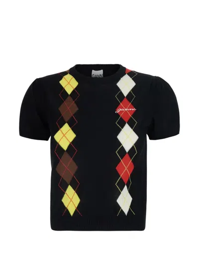 Ganni Argyle-pattern Logo-embroidered T-shirt In Black