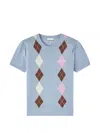 Ganni Argyle-pattern Puff-sleeve T-shirt In Blue