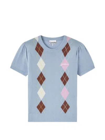 Ganni Argyle-pattern Puff-sleeve T-shirt In Blue