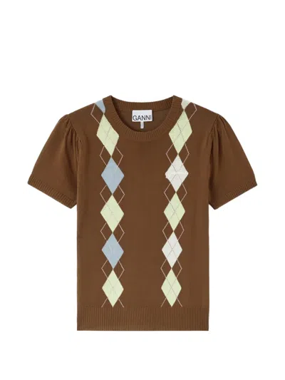 Ganni Argyle-pattern Puff-sleeve T-shirt In Brown