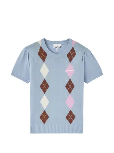 Ganni Argyle-pattern T-shirt In Blue