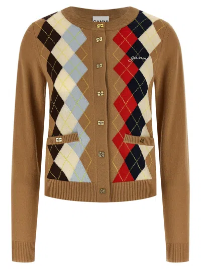 Ganni Argyle-patterned Cashmere Blend Cardigan In Brown