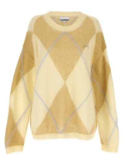 Ganni Argyle-patterned Mohair Blend Sweater In Neutral