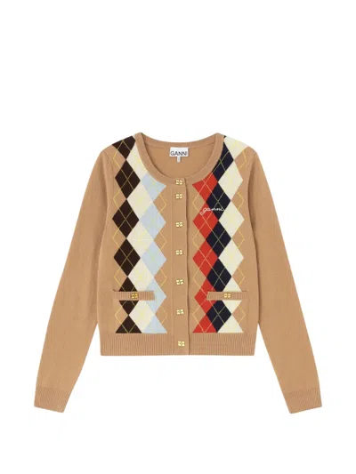 Ganni Womens Incense Embroidered-logo Argyle Wool-and-cashmere Cardigan In Neutral