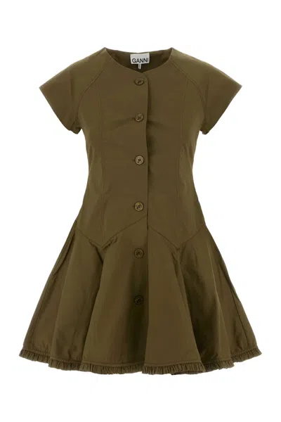Ganni Army Green Stretch Poplin Mini Dress