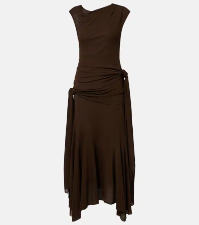 Ganni Asymmetric Draped Mesh Midi Dress In Brown