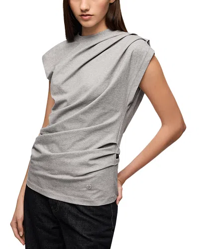 Ganni Asymmetric Neck Drape Jersey Top In Gray