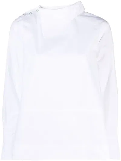 Ganni Long Sleeve Cotton Poplin Asymmetrical Collar Shirt In Bright White