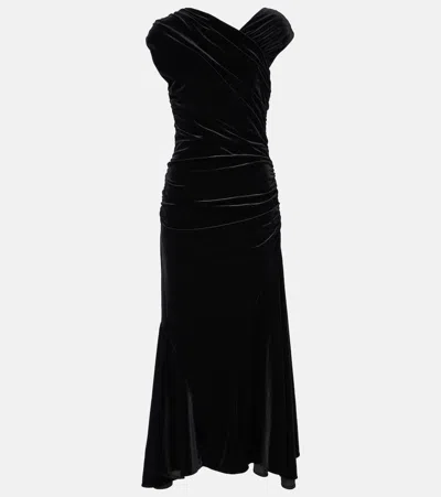 GANNI ASYMMETRIC RUCHED VELVET MIDI DRESS