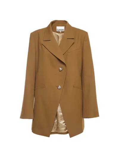 Pre-owned Ganni Asymmetric Single-breasted Blazer In Brown