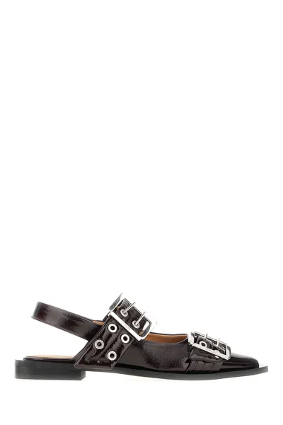Ganni Aubergine Synthetic Leather Feminine Buckle Ballerinas In Brown