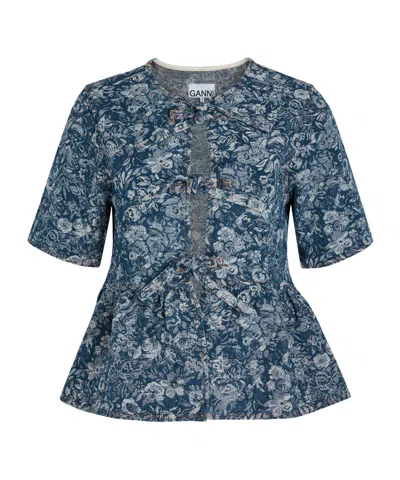 Ganni B Tapestry Denim Peplum Blouse In Blue