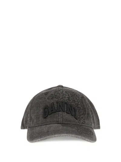 Ganni B3020214 Embroidered Denim Baseball Cap In Black