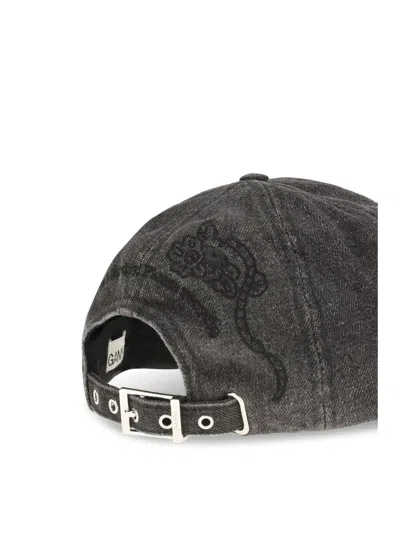 Ganni B3020214 Embroidered Denim Baseball Cap In Black
