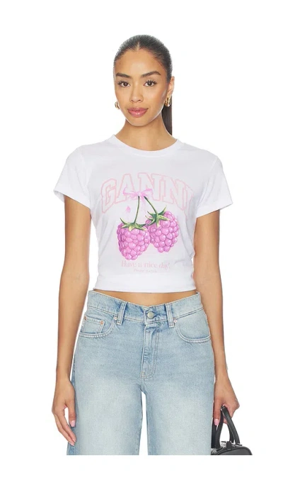Ganni Baby Fit Raspberry T-shirt In Bright White