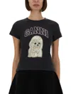 Ganni Women Black T-shirt With Round Neck And Maxi Logo On The Front In Cotton Woman In Blue