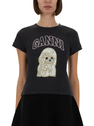 Ganni Washed Black T-shirt With Poodle Print In Animal Print